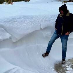 The height of the snow and the ice I slipped on at Dave's feet