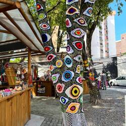 Lots of crochet yarn bombing