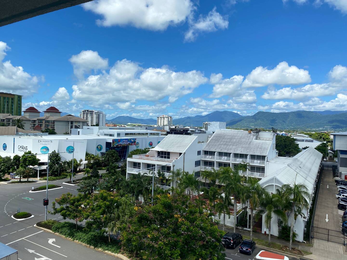 View from our hotel window. Cairns Aquarium is the white building with the blue circles