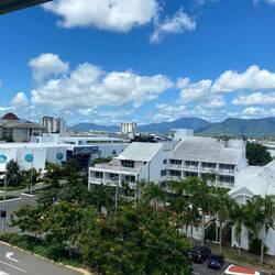View from our hotel window. Cairns Aquarium is the white building with the blue circles