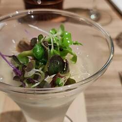 Mousse d'oignons nouveaux, clams et gelée de coquillage