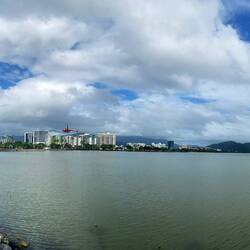 Cairns panorama, helicopter coming in to land