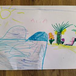 Patty am Strand von Koh Rong (Thomas ist am Bier holen 😉). Gezeichnet von Alia. Danke 🥰😘