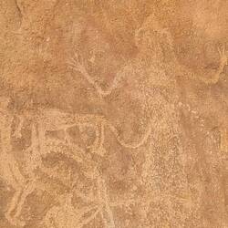 Desert lion has got a hunter by the ellbow, while lady throws arms up and schrieks (authors comment)