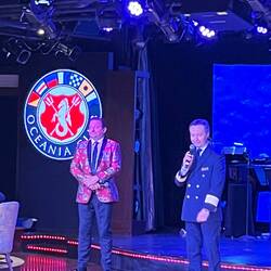 The ship's cruise director Ray (left) with general manager Claudio