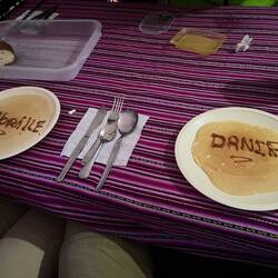 Morning pancakes with our names!