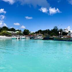 Color of the water at the tender pier — La Digue, Seychelles.