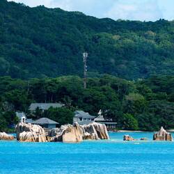 Seascape from ship to shore — La Digue, Seychelles.