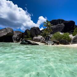 Anse Source D'Argent (from the water towards the beach) — La Digue, Seychelles.