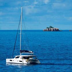 Seascape from ship to shore — La Digue, Seychelles.