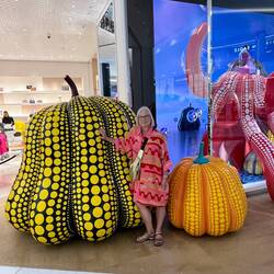 Kusama pumpkins outside Louis Vuitton to promote their collaboration