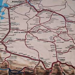 Map in Bordeaux station shows 'home town' Lectoure and destination Bayonne.