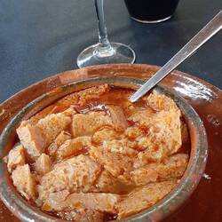 First course of pilgrims menu - garlic soup - local speciality