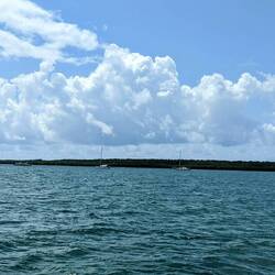 Rodriguez Key anchorage, with two beached sailboats on the right. Sometimes there are 30 boats here