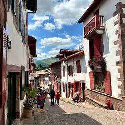 Rue de la Citadelle descending from my hotel. Pyrenees in the distance.