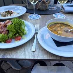 Dinner. Sheep Cheese Salad & Pumpkin Soup