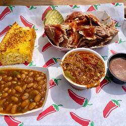 Pulled Pork, Baked Beans, Smoked Pork Chili, Cornbread