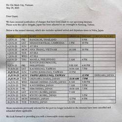 An itinerary change for the Bangkok to Tokyo segment.
