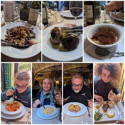 Roman artichoke, radichio salad, ravioli, saltimbocca, bistecca, pasta cacio e pepe, tiramisu