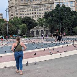 Jacque loved the pigeons - not! in the Plaza de Catalunya