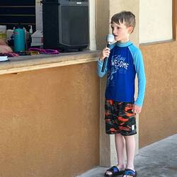 Leo and Joy having a go at the poolside lip-sync battle!