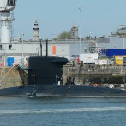 Nuclear sub at Plymouth naval base. 2/3 of sub is below water.