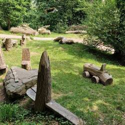 Wood carvings on the path out of Hay-on-Wye