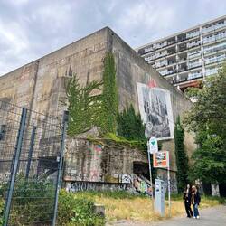 A bunker that was incorporated in fhe nearby apartment complex