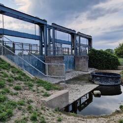 Closed flood control gates in Severn dyke. Presumably opened in dire situations to flood fields