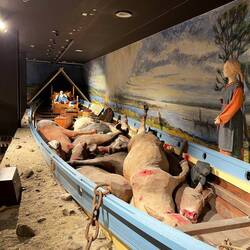 Viking burial mockup. King is in his bed at the end with (dead) animals in front