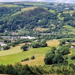 Llangollen from Castell Dinas Bran. Note the huge marquee for the Eisteddfod next month