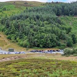 View down to busy Bwlch Pen Barra car park
