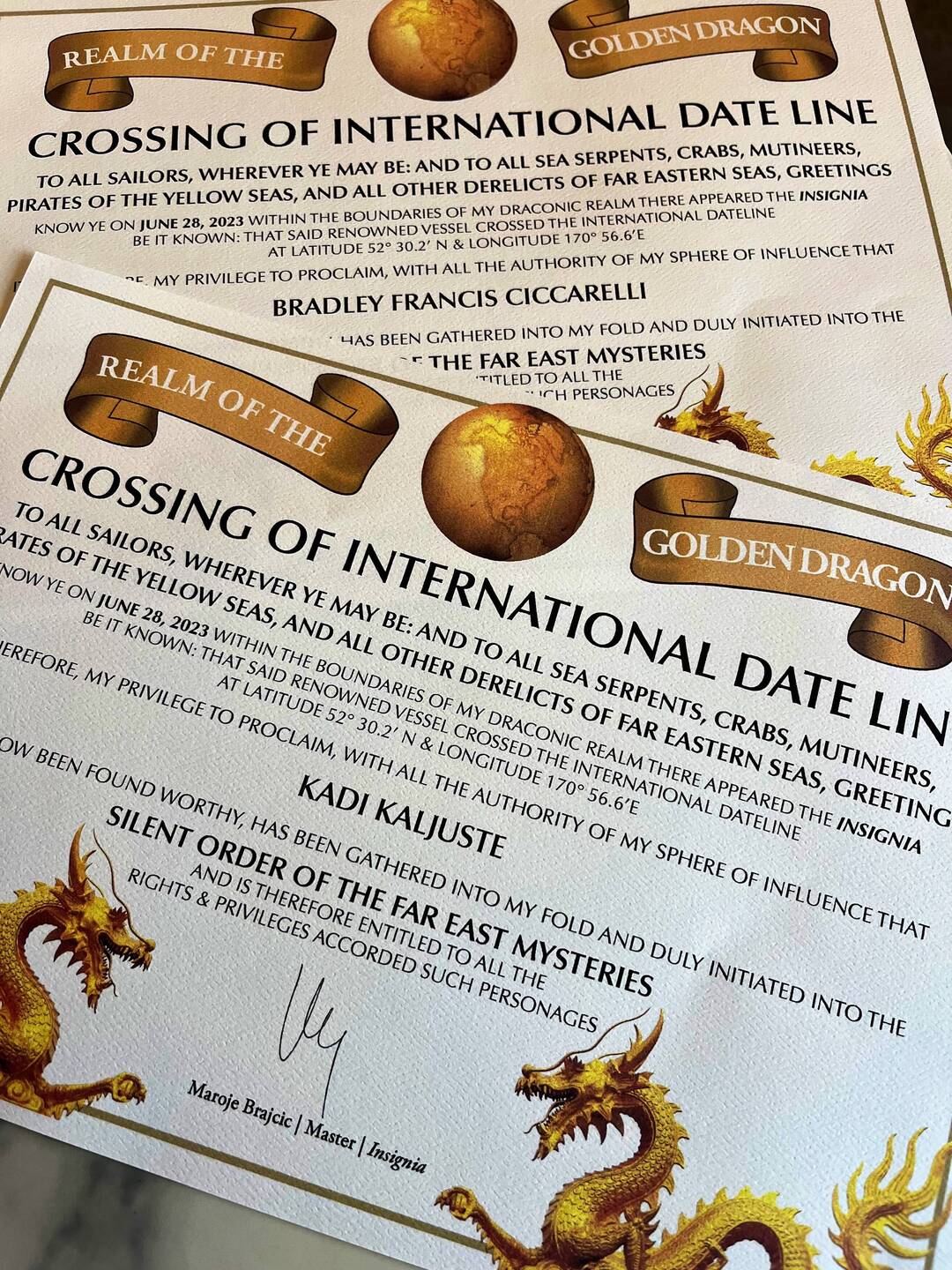 Certified that we've crossed the International Date Line