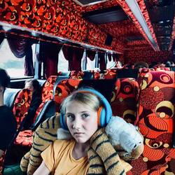 Crazy bus decor! Freda's enjoying herself!