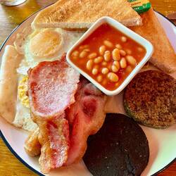 Scottish breakfast ft beans, haggis, and black pudding