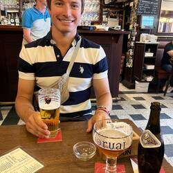 Enjoying the first Belgian beers - Daniel had a popular ale and Gab had an amber ale made by monks