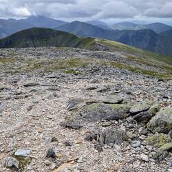 SSW from Carnedd Dafydd towards Pen Yr Ole Wen with Snowdon behind in the distance
