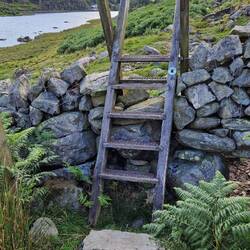 Ladder stile on route along north side of Llyn Ogwen lake. 3rd Cambrian Way symbol I have seen
