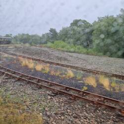Train on circular track that elevates it enough to be above the Llyn Tanygrisiau reservoir