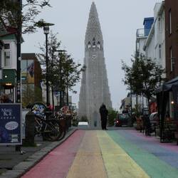 The rainbow street leading to Hallgrimskirkja