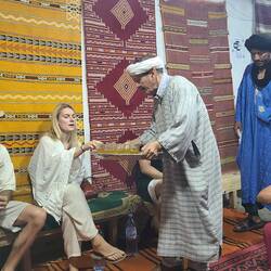 Tea always a part, generally in beginning. Here Rose (NDL) accepts "Berber Whiskey" from our guide.