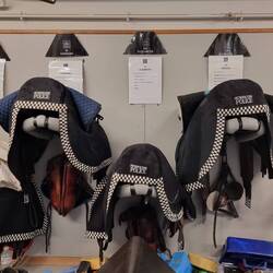 Saddle covers. Each horse has own saddle, bridle, bit etc