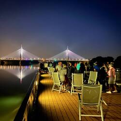 The first of many bridges illuminated for our arrival