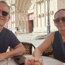 Enjoying a cocktail in front of Cathédrale Saint-Jean-Baptiste