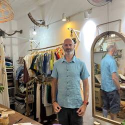 Dad trying on his new linen shirt