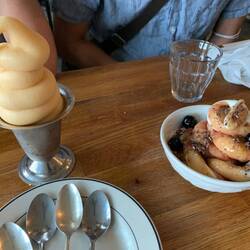 Peach vegan soft serve and fig leaf swirl sundae