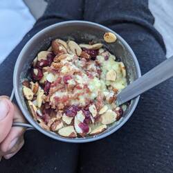 Instant mashed potatoes, cornbread stuffing, gravy, bacon bits, cranberry and almonds 👨‍🍳