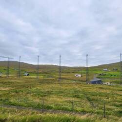 Built up runway & light towers facing Sørvágur