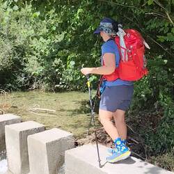 Crossing the flooded bridge.