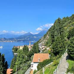 Halfway down - castle tower barely visible at top on right, Varenna below on left